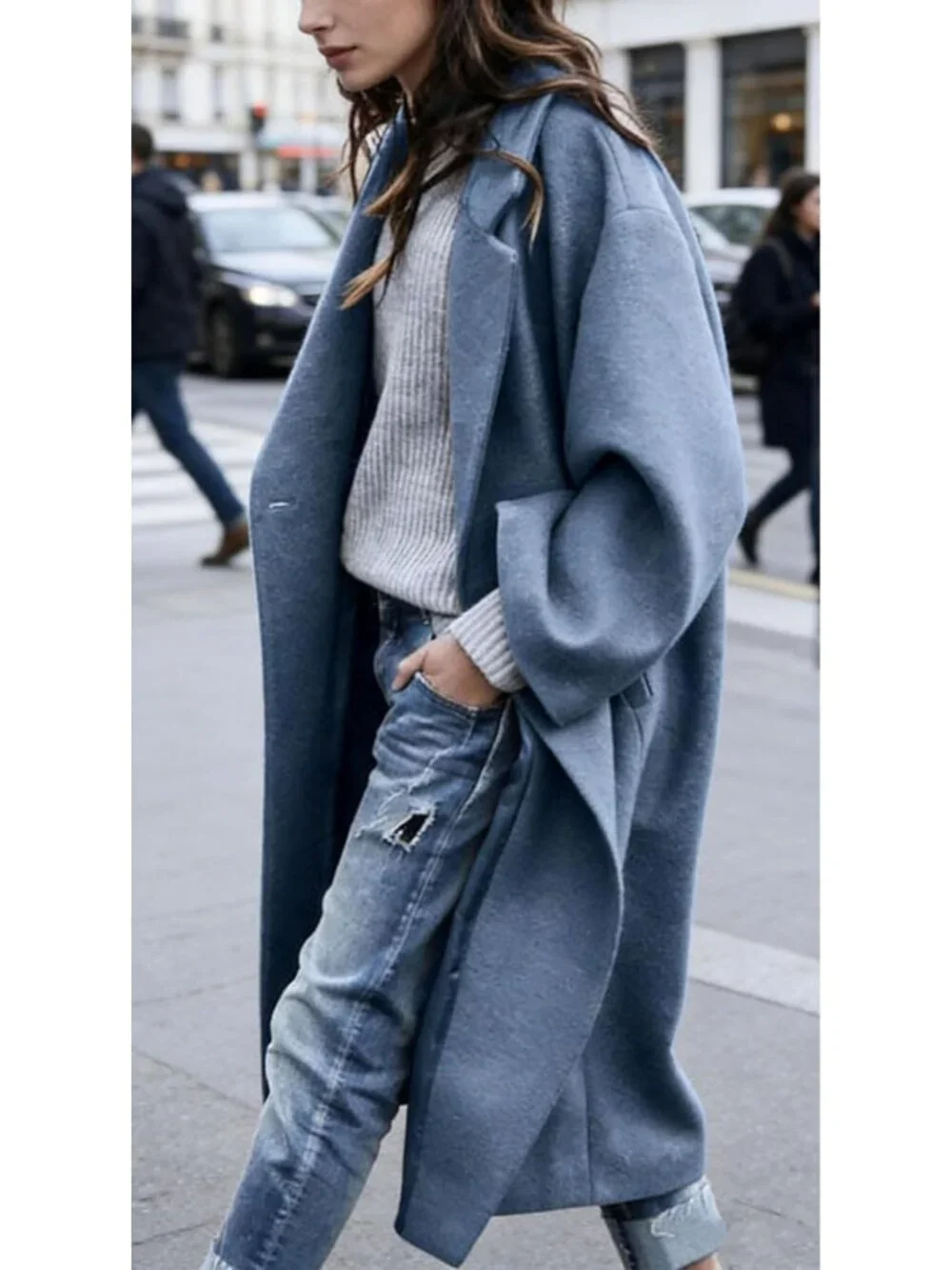 Women's Blue Notched Collar Wool Blend Single Breast Midi Long Trench Coat